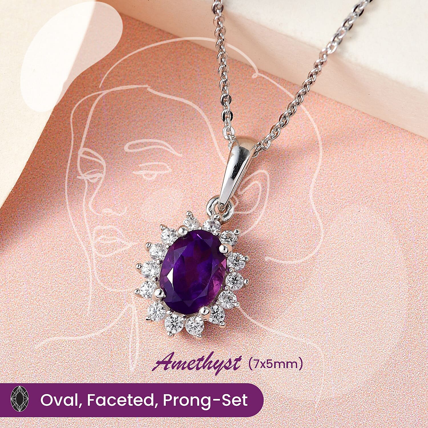 Amethyst and Natural Zircon Halo Pendant with Chain (Size 20) in Platinum Overlay Sterling Silver 1.00 Ct.